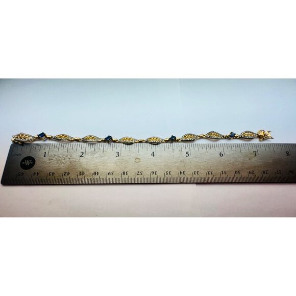 Estate 925 Gold Vermeil Blue Sapphire Tennis Bracelet 7” Two-Tone 8.4g - Picture 7 of 9